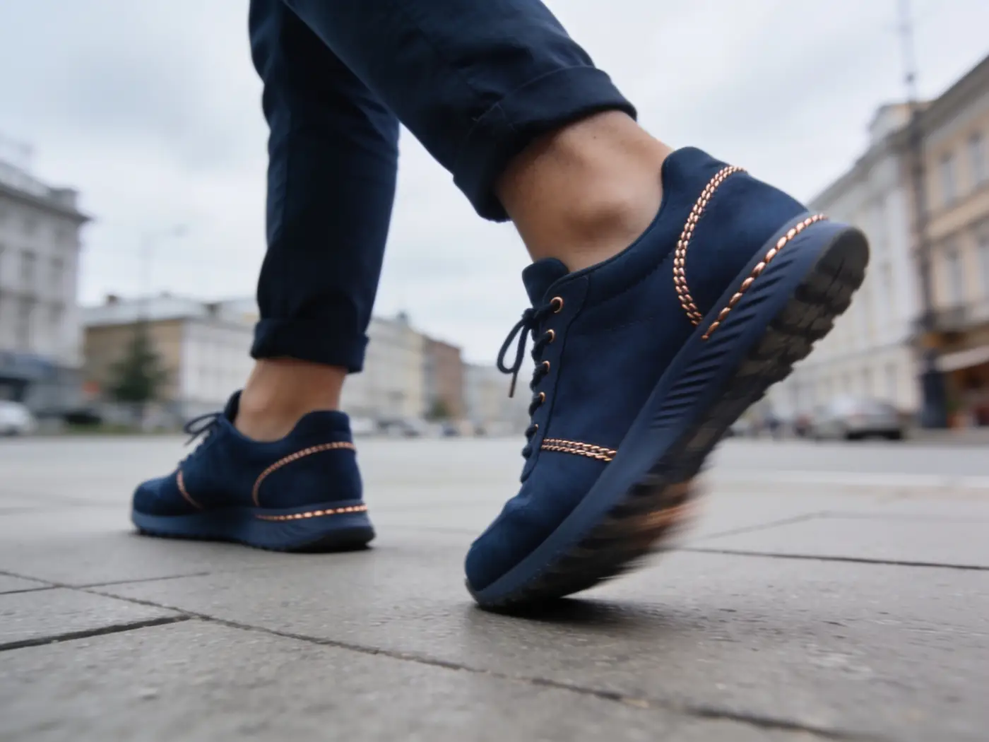 Людина йде містом у синіх кросівках GQ Stepper