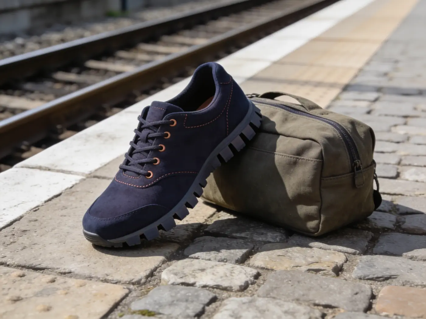 Дорожні кросівки GQ Stepper біля сумки на пероні